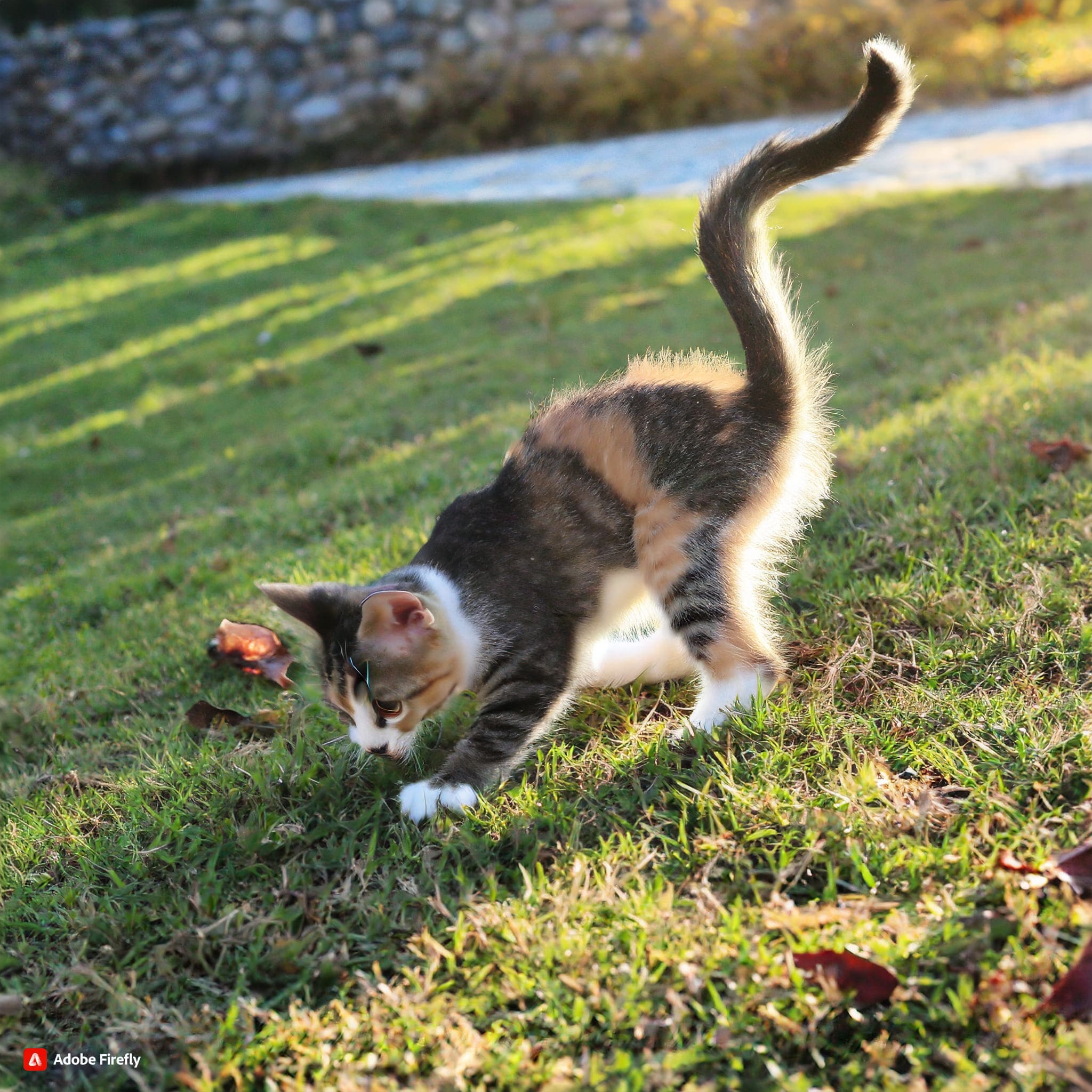 cat playing in grassy feild